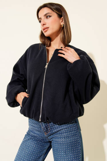 Bel Lastik Detaylı Kaşe Ceket Lacivert - Kadın Giyim Modelleri