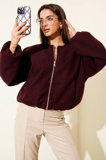 Bel Lastik Detaylı Kaşe Ceket Mürdüm - Kadın Giyim Modelleri