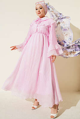 Bel Lastik Detaylı Pelerinli Elbise Pembe - WENNA DESIGN