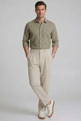 Bel Lastik Detaylı Pileli Keten Erkek Pantolon Bej - Erkek Pantolon