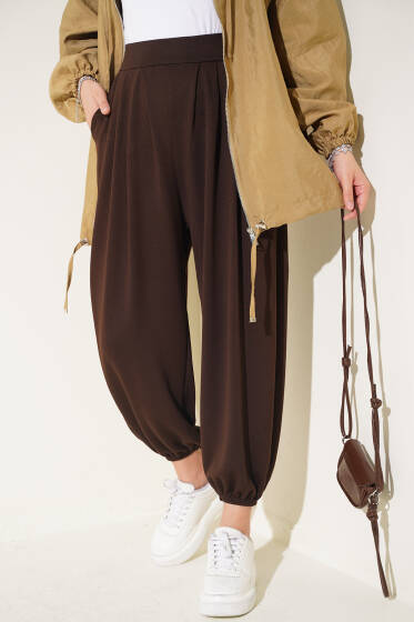 Bel Lastik Detaylı Şalvar Pantolon Kahve - Pantolon