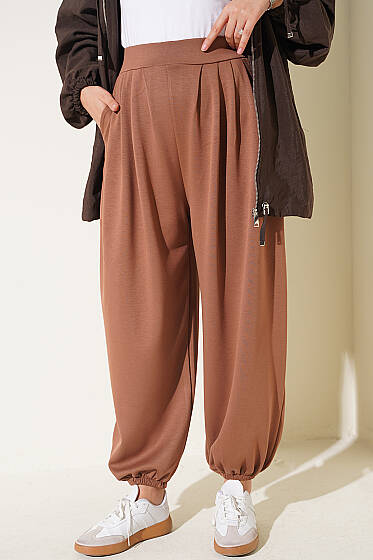 Bel Lastik Detaylı Şalvar Pantolon Latte - Pantolon