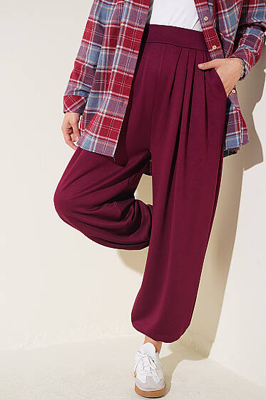 Bel Lastik Detaylı Şalvar Pantolon Mürdüm - Pantolon