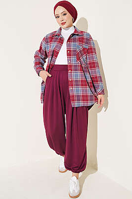 Bel Lastik Detaylı Şalvar Pantolon Mürdüm - Pantolon
