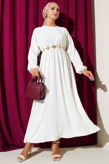 Bel Lastikli Ayrobin Basic Elbise Beyaz - Elbise