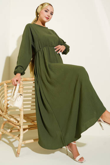 Bel Lastikli Ayrobin Basic Elbise Haki - Elbise
