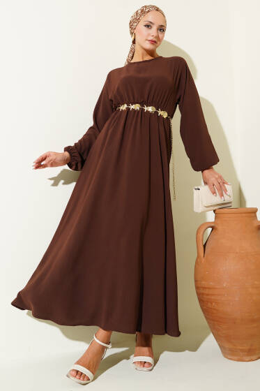 Bel Lastikli Ayrobin Basic Elbise Kahve - Elbise