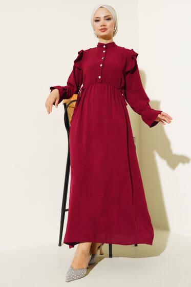 Bel Lastikli Ayrobin Elbise Bordo - Elbise