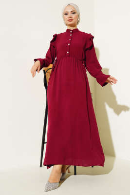 Bel Lastikli Ayrobin Elbise Bordo 