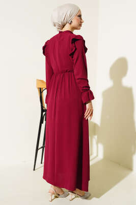 Bel Lastikli Ayrobin Elbise Bordo - Tesettür Elbise
