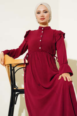 Bel Lastikli Ayrobin Elbise Bordo - Tesettür Elbise