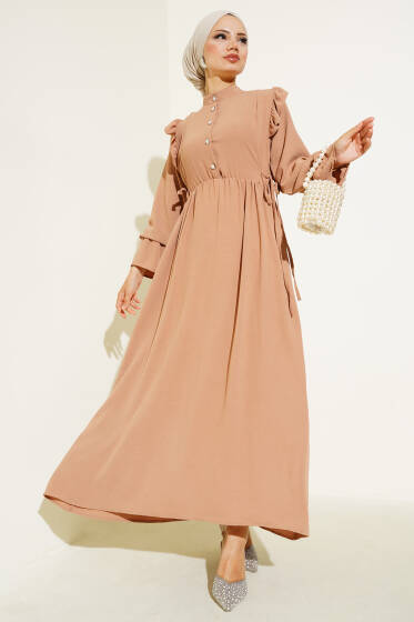Bel Lastikli Ayrobin Elbise Camel - Elbise