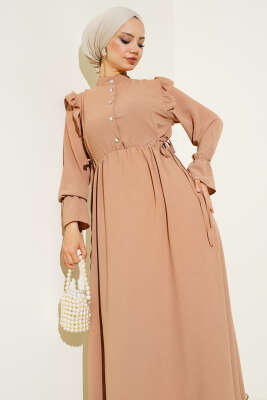 Bel Lastikli Ayrobin Elbise Camel - Tesettür Elbise