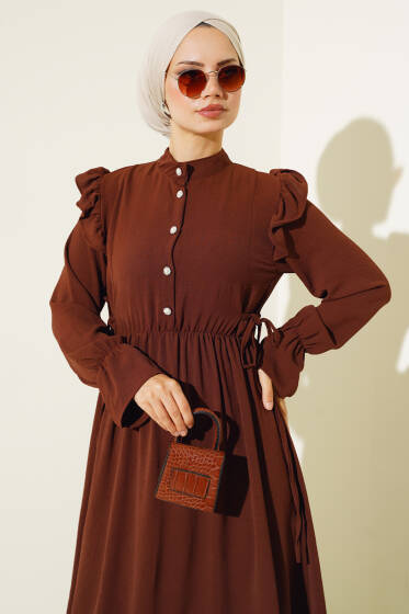 Bel Lastikli Ayrobin Elbise Kahve - Elbise