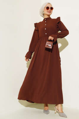 Bel Lastikli Ayrobin Elbise Kahve - Tesettür Elbise
