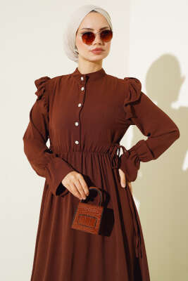 Bel Lastikli Ayrobin Elbise Kahve 