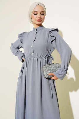 Bel Lastikli Ayrobin Elbise Kayrak Grisi - Tesettür Elbise