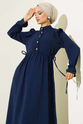 Bel Lastikli Ayrobin Elbise Lacivert - Tesettür Elbise