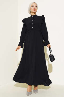 Bel Lastikli Ayrobin Elbise Siyah 