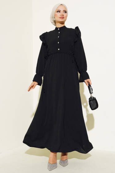 Bel Lastikli Ayrobin Elbise Siyah - Tesettür Elbise