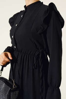 Bel Lastikli Ayrobin Elbise Siyah - Tesettür Elbise