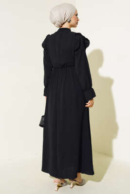 Bel Lastikli Ayrobin Elbise Siyah - Tesettür Elbise