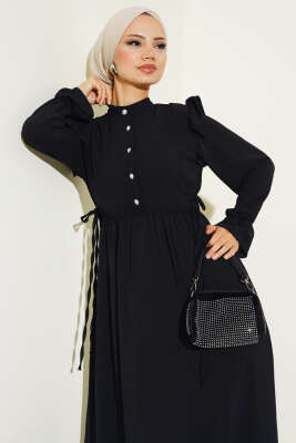 Bel Lastikli Ayrobin Elbise Siyah - Tesettür Elbise