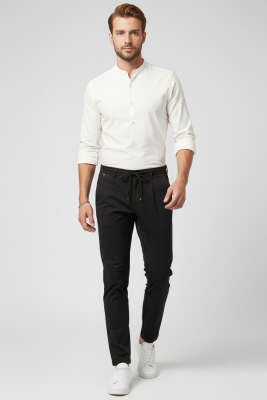 Bel Lastikli Bağcıklı Baggy Erkek Pantolon Siyah - Erkek Pantolon