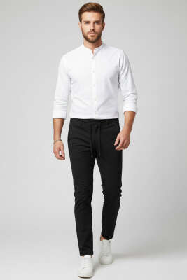 Bel Lastikli Bağcıklı Erkek Pantolon Siyah - Erkek Pantolon