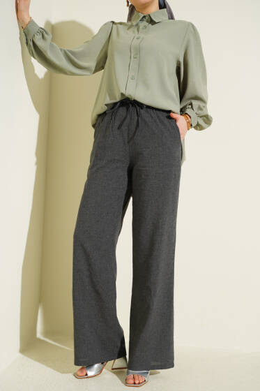 Bel Lastikli Bağcıklı Geniş Paça Pantolon Antrasit - Pantolon