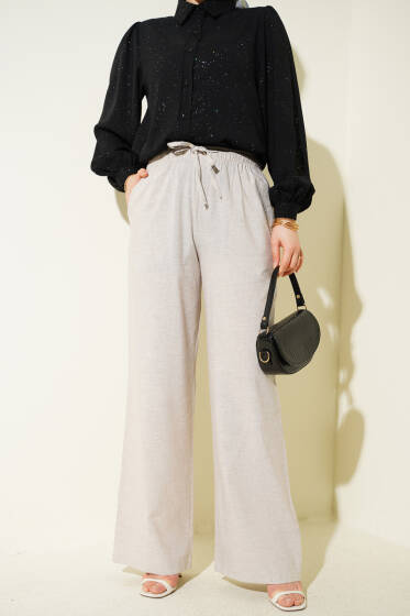 Bel Lastikli Bağcıklı Geniş Paça Pantolon Bej - Pantolon