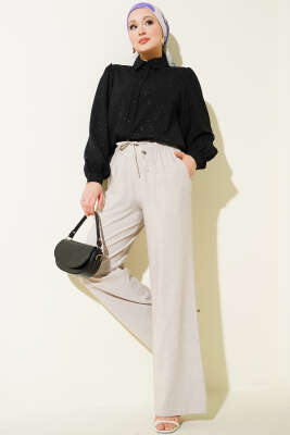 Bel Lastikli Bağcıklı Geniş Paça Pantolon Bej - Pantolon