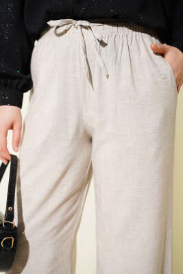 Bel Lastikli Bağcıklı Geniş Paça Pantolon Bej - Pantolon