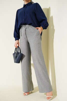 Bel Lastikli Bağcıklı Geniş Paça Pantolon Gri - FİXAY