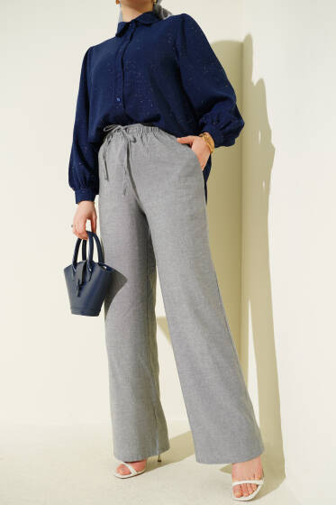 Bel Lastikli Bağcıklı Geniş Paça Pantolon Gri - Pantolon