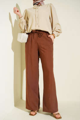 Bel Lastikli Bağcıklı Geniş Paça Pantolon Kahve - Pantolon