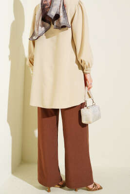 Bel Lastikli Bağcıklı Geniş Paça Pantolon Kahve - Pantolon