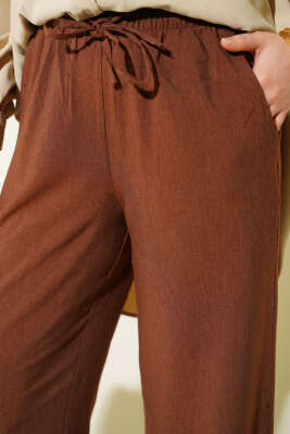 Bel Lastikli Bağcıklı Geniş Paça Pantolon Kahve - Pantolon