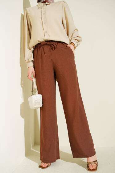 Bel Lastikli Bağcıklı Geniş Paça Pantolon Kahve - Yılın Fırsatı