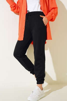 Bel Lastikli Bağcıklı Pantolon Siyah 