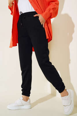 Bel Lastikli Bağcıklı Pantolon Siyah - Pantolon