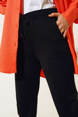 Bel Lastikli Bağcıklı Pantolon Siyah - Pantolon