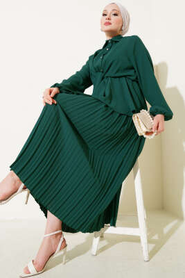 Bel Lastikli Bağlamalı Pilise Etekli Takım Yeşil - CNR TEKSTİL