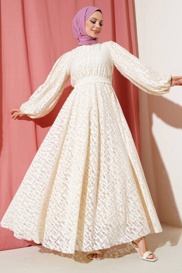 Bel Lastikli Balon Kol Dantelli Elbise Bej - Elbise