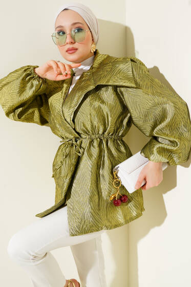 Bel Lastikli Balon Kol Jakar Ceket Yağ Yeşili - Ceket