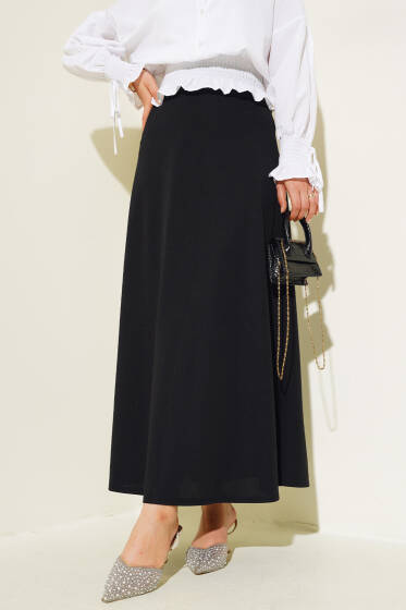 Bel Lastikli Basic Çan Etek Siyah - Uzun Etek