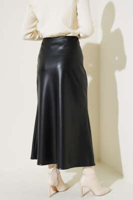 Bel Lastikli Basic Deri Etek Siyah - Uzun Etek