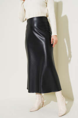 Bel Lastikli Basic Deri Etek Siyah - Uzun Etek