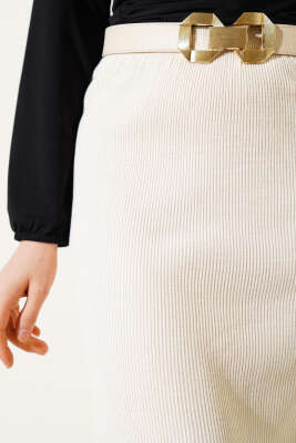 Bel Lastikli Basic Triko Midi Etek Bej - Kadın Giyim Modelleri