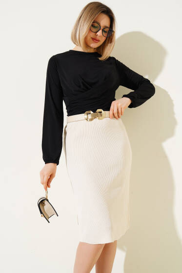 Bel Lastikli Basic Triko Midi Etek Bej - Yeni Giyim